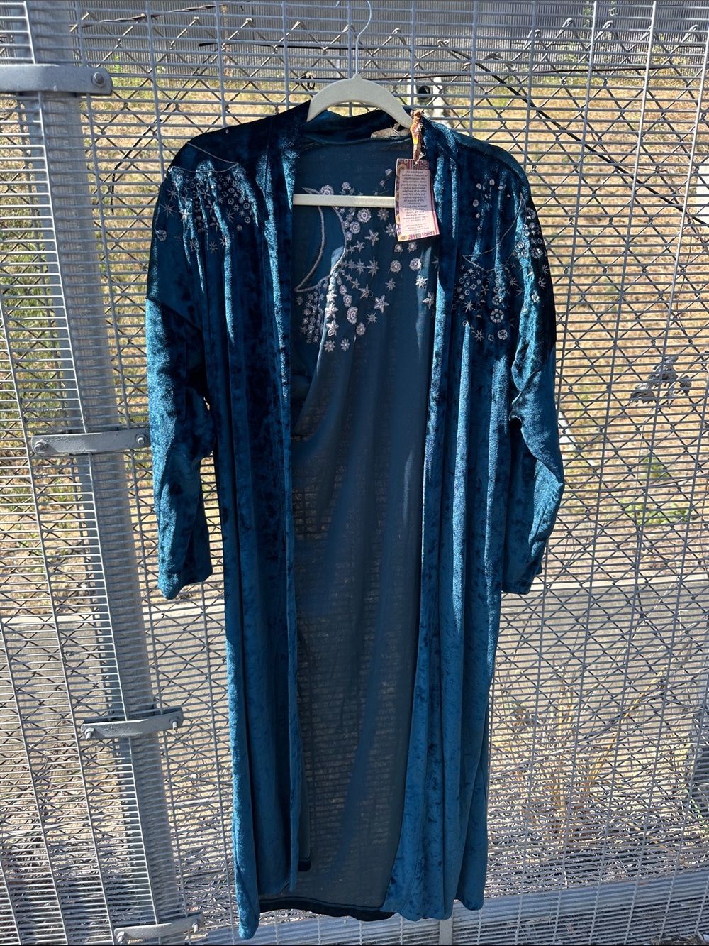 Novella Royale Teal Velvet Long Robe with Embroidered Stars